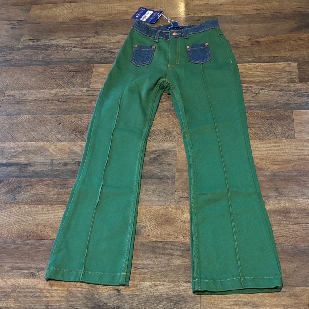 NWT Wrangler Mini Rodini Green Flared Jeans with Blue jean Pockets